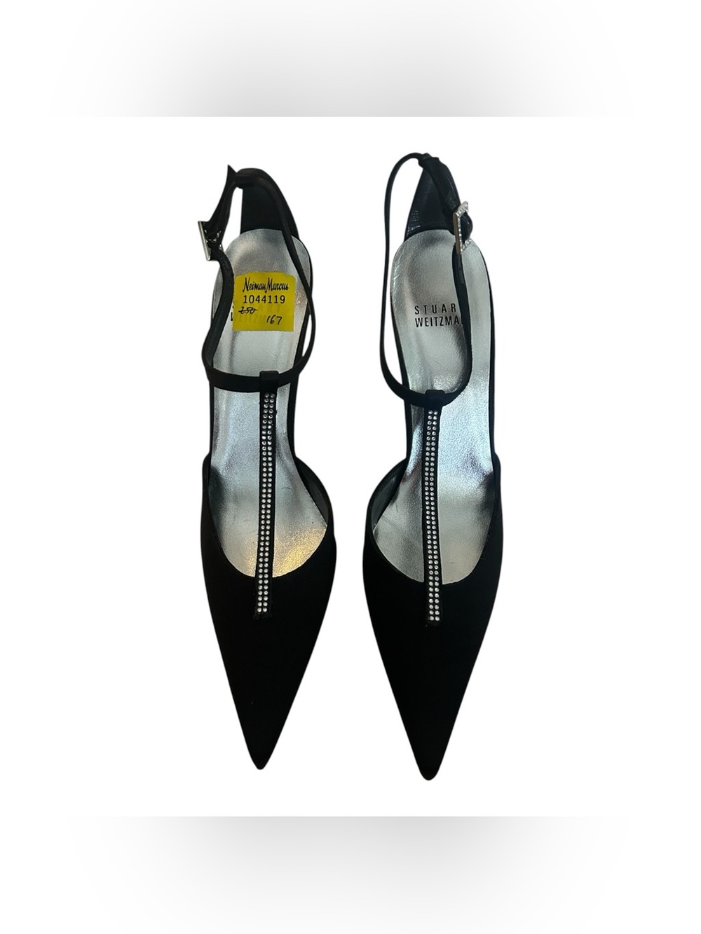 STUART WEITZMAN Black Satin T-Strap Stiletto Heels Sz 7.5 N Evening Luxury